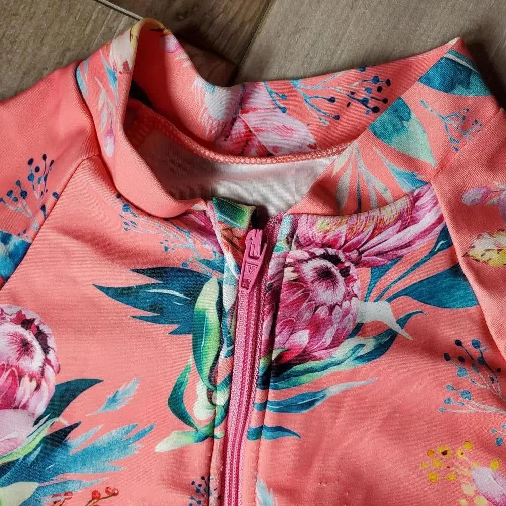 SHEIN Baby Girl Floral Print Raglan Sleeve Peplum One Piece Swimsuit Size 80